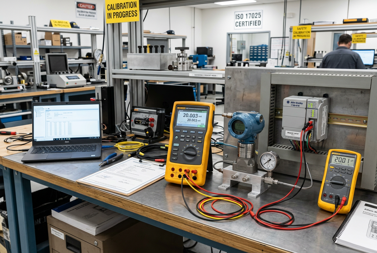 Industrial instrumentation calibration test bench with process calibrators, multimeters, and Allen-Bradley analog modules