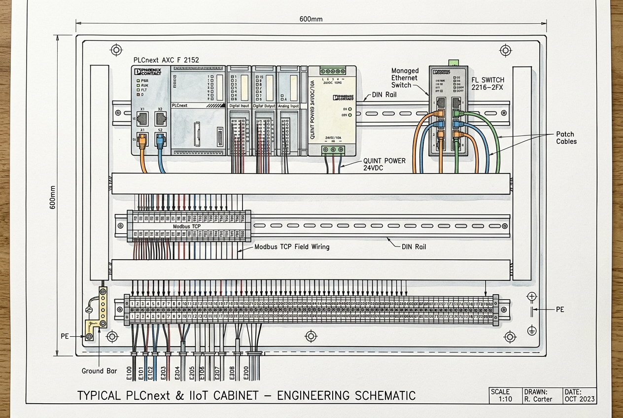 Phoenix Contact PLCnext controller and industrial IoT gateway cabinet line art illustration with Ethernet switch and field wiring