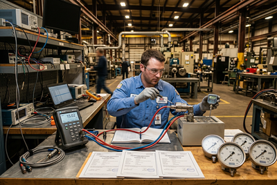 Calibration technician verifying an industrial pressure sensor with precision calibration equipment in a quality laboratory