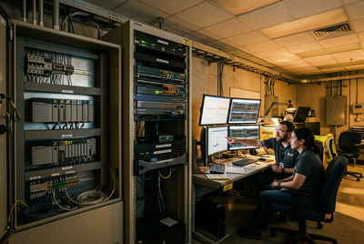 Control room with server racks and PLC cabinets collecting plant process data for an industrial data historian