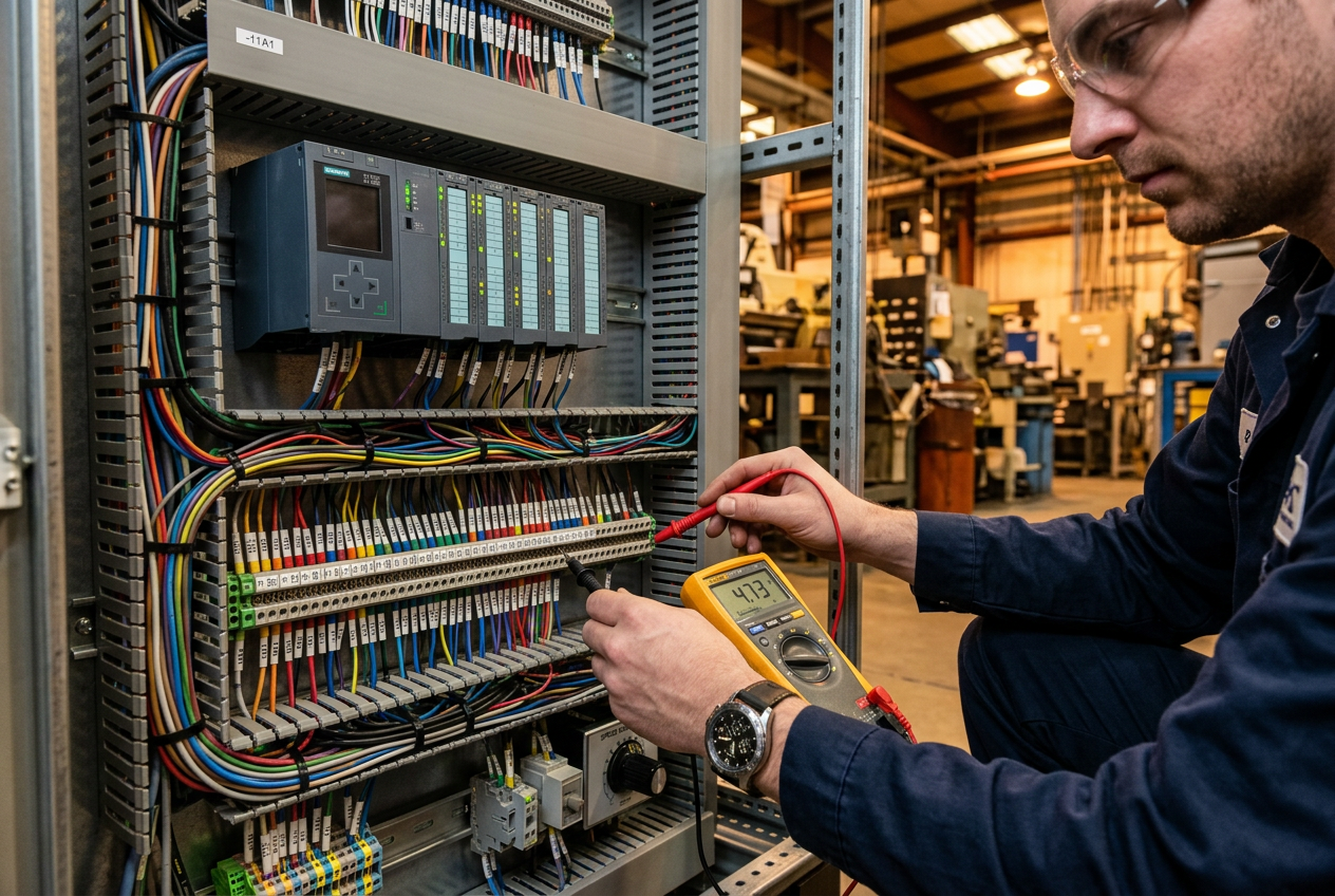 Technician measuring a potentiometer signal with a multimeter at a PLC cabinet with analog input modules
