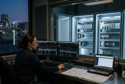 Industrial control room at dusk with a maintenance engineer studying SCADA trends and PLC diagnostics for ControlLogix and Schneider M340
