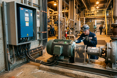 Engineer inspecting an electric motor bearing beside a variable frequency drive cabinet in an industrial plant