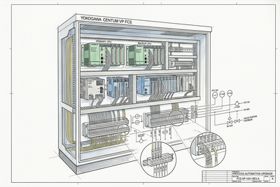 Yokogawa CENTUM VP Field Control Station line art technical illustration with dual redundant CPU controllers and I/O modules