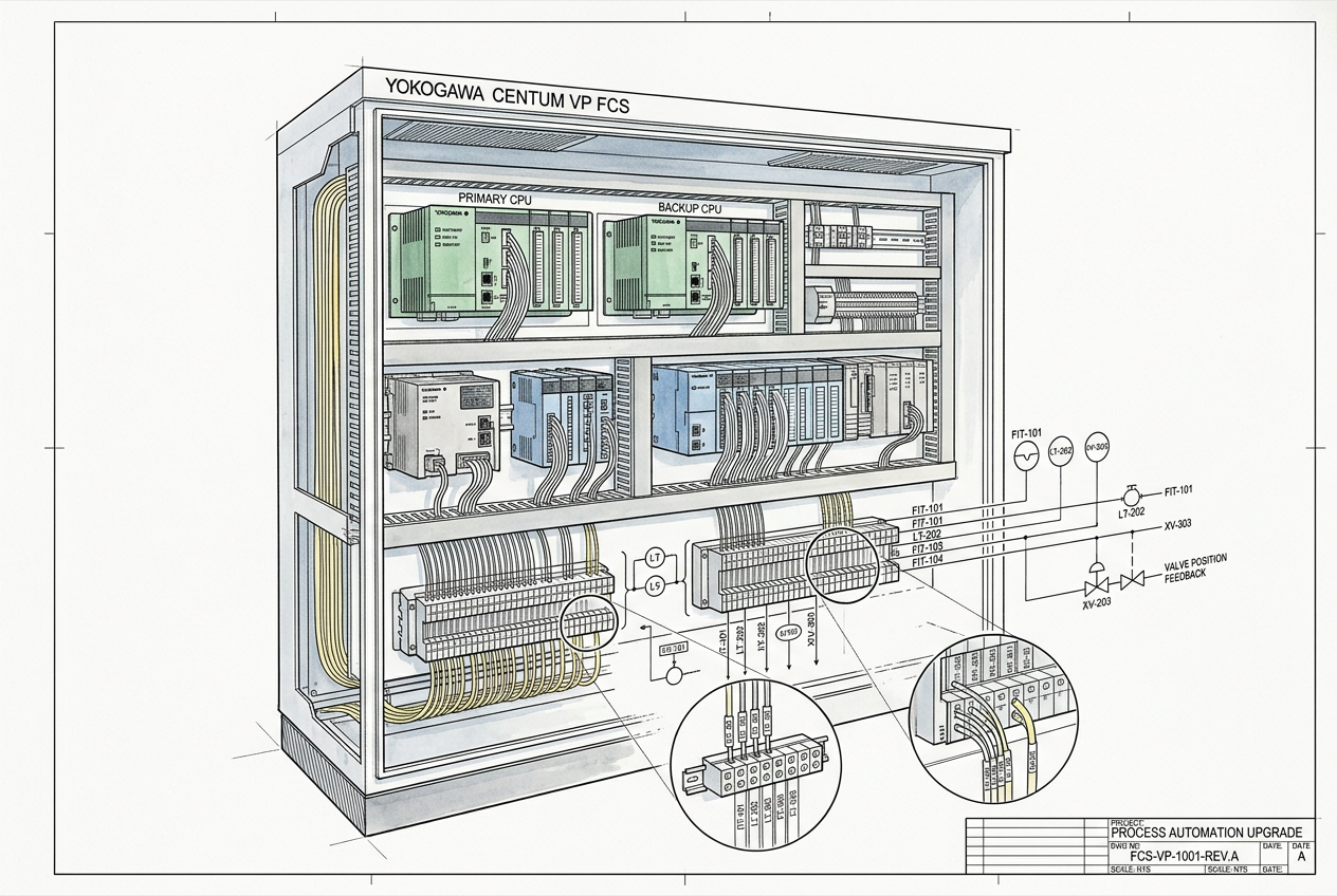 Yokogawa CENTUM VP Field Control Station line art technical illustration with dual redundant CPU controllers and I/O modules